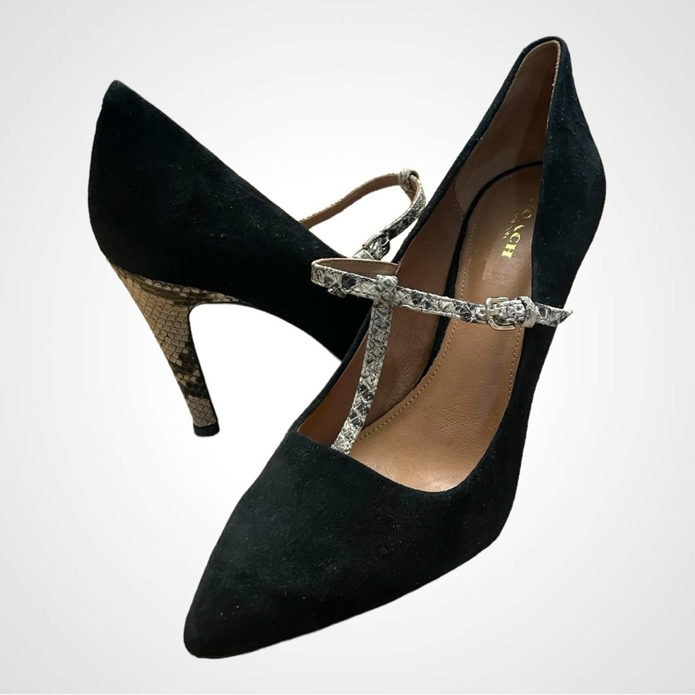 COACH FULTON Black Suede Snakeskin T-Strap Stiletto Pumps Size 11 B - Picture 3 of 12